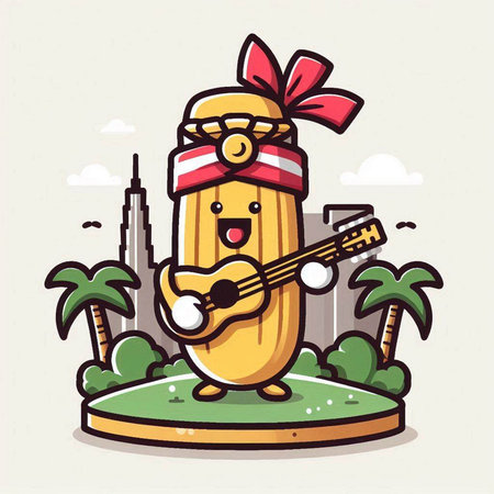 Illustration of a Cute Corn Cowboy Mascot Character Playing the Guitarのイラスト素材