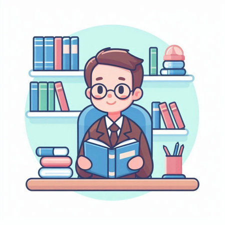 Boy reading a book in the library. Vector illustration in cartoon styleのイラスト素材