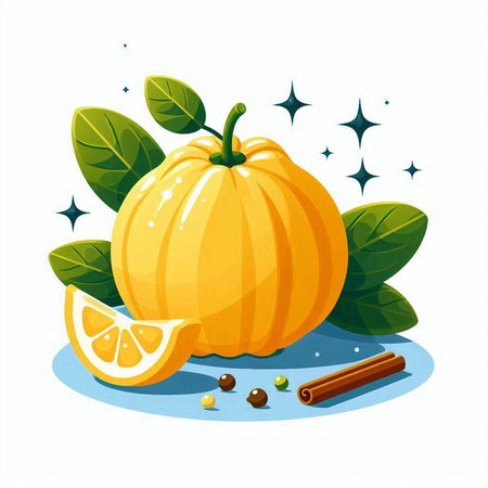 Pumpkin with leafs and cinnamon. Vector illustration on white background.のイラスト素材