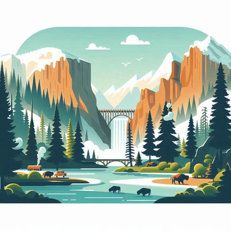 Mountain landscape with river and bridge. Vector illustration in flat styleのイラスト素材