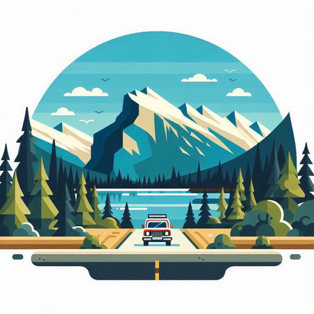 Mountain landscape in flat style. Road trip. Vector illustration.のイラスト素材