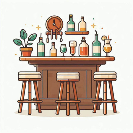 Illustration of bar counter with bottles and glasses. Vector illustration.のイラスト素材