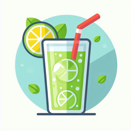 Glass of lemonade with lime and straw. Flat style vector illustration.のイラスト素材