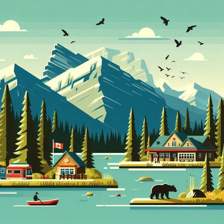 Mountains landscape with lake, forest and houses. Vector illustration.のイラスト素材