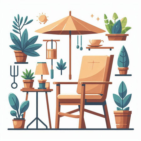 Vector illustration of a cozy room with furniture and plants. Flat design.のイラスト素材