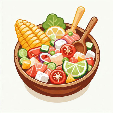 Illustration of a bowl of vegetable salad with corn, tomato and cucumberのイラスト素材