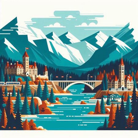 Vector illustration of a winter landscape with mountains, lake, trees and bridgeのイラスト素材