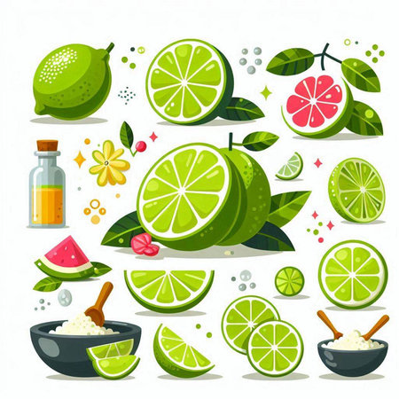 Citrus fruits set with lime, watermelon, grapefruit, orange, lemon, watermelon, honey, salt and honey. Vector illustration.のイラスト素材
