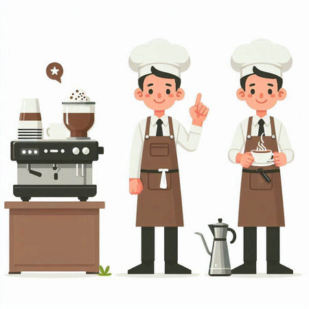 Set of men in apron and hat with coffee maker. Vector illustrationのイラスト素材