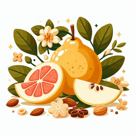 Vector illustration of fresh whole and half lemons, flowers, leaves, seeds and berries.のイラスト素材