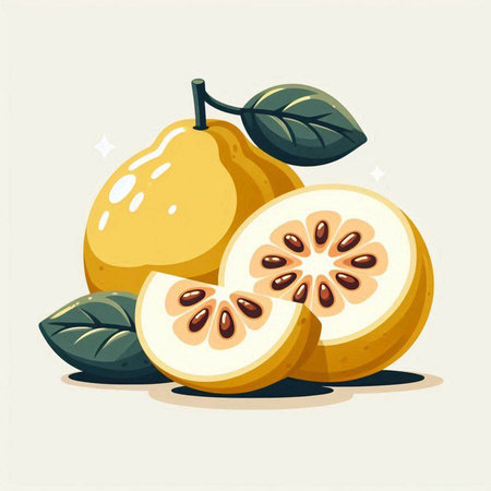 Fresh whole and half quince fruit with leaves. Vector illustration.のイラスト素材