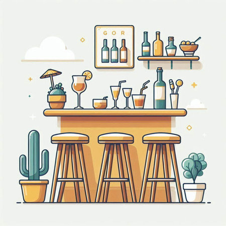 Bar counter with different beverages. Vector illustration in flat line style.のイラスト素材