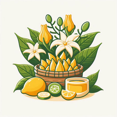 Vector illustration of fresh citrus fruit with leaves and flowers in basket.のイラスト素材