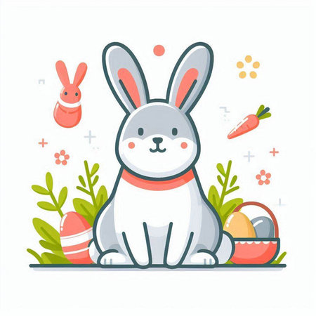 Cute Easter bunny with eggs and carrots. Vector illustration in flat style.のイラスト素材