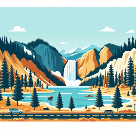 Waterfall in the mountains. Landscape with a lake and a waterfall. Vector illustration.のイラスト素材