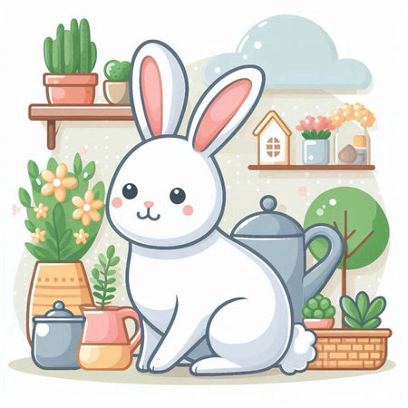 Cute cartoon bunny sitting on the floor with a watering can. Vector illustration.のイラスト素材