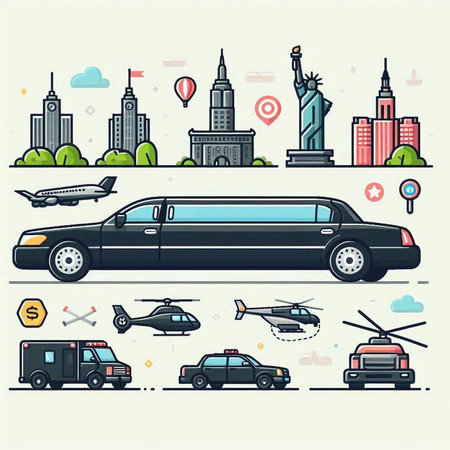 Vector illustration of limousine, taxi, helicopter, plane and cityscape in flat style.のイラスト素材