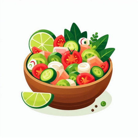 Salad with tomato, cucumber and mozzarella. Vector illustrationのイラスト素材