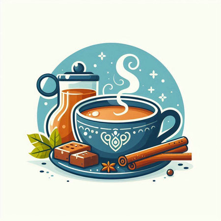 Cup of hot tea with cinnamon, star anise and sugarのイラスト素材