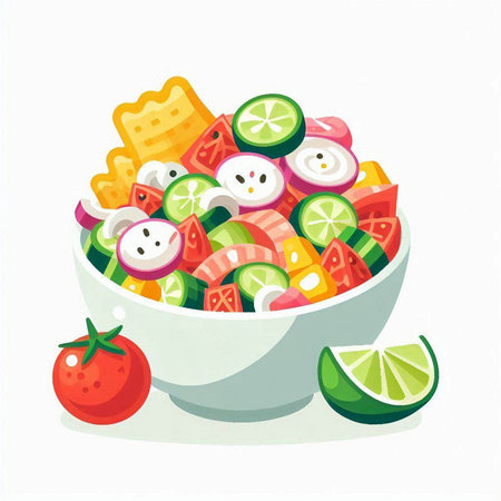 Salad in a bowl with tomato, cucumber, lettuce, onion and cheese. Vector illustration.のイラスト素材