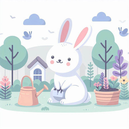 Cute rabbit with watering can in the garden. Vector illustration.のイラスト素材