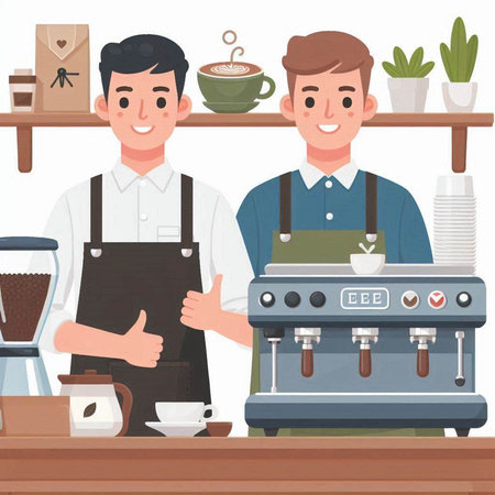 Coffee shop. Barista and barista. Vector illustrationのイラスト素材