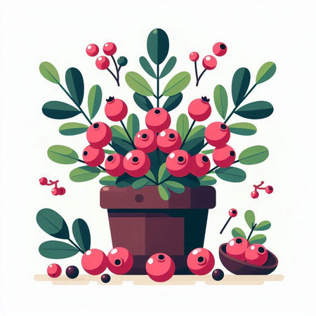 Bouquet of lingonberries in a pot. Vector illustration.のイラスト素材