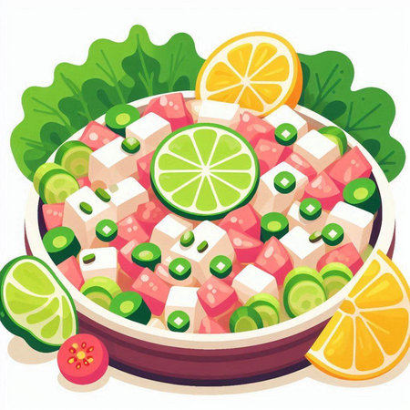 Salad with salmon, lime, cucumber and lettuce. Vector illustration.のイラスト素材
