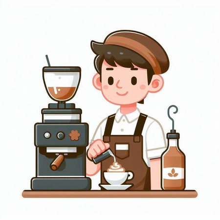 Coffee shop. Barista with coffee machine. Vector illustrationのイラスト素材