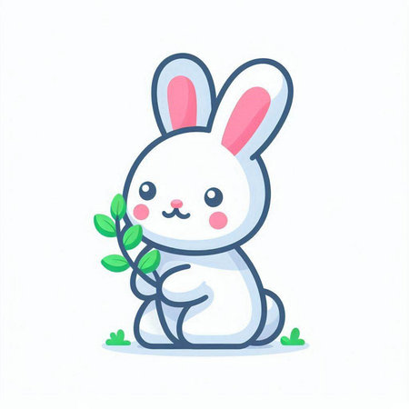 Cute cartoon white rabbit with a green branch. Vector illustration.のイラスト素材