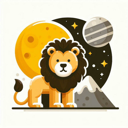 Cute cartoon lion on the background of the moon. Vector illustrationのイラスト素材