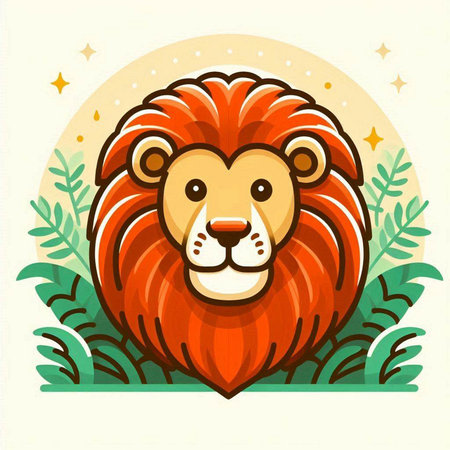 Lion head with leaves and stars. Vector illustration in cartoon style.のイラスト素材