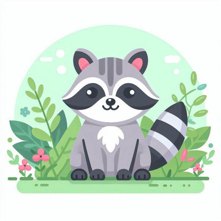 Cute raccoon in the garden. Vector illustration in cartoon style.のイラスト素材