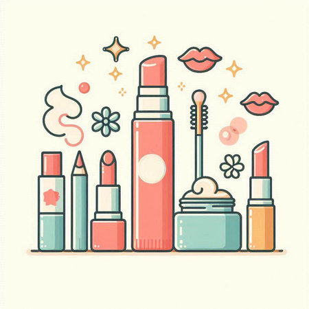 Cosmetic products. Lipstick, cream, mascara, lipstick, eyeliner. Vector illustration.のイラスト素材