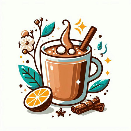 Cup of hot chocolate with cinnamon and orange. Vector illustration.のイラスト素材