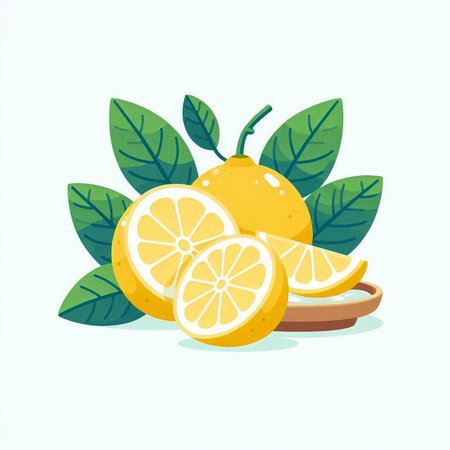 Lemon fruit vector illustration. Vector illustration of lemon with leaves.のイラスト素材