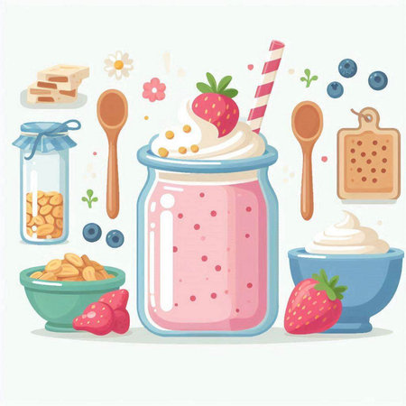 Vector illustration of strawberry milkshake in glass jar with spoon, bowl with oat flakes and berries.のイラスト素材