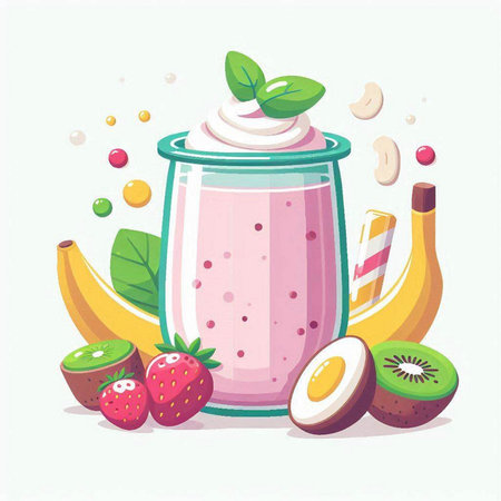 Healthy smoothie with banana, strawberry, kiwi and coconut. Vector illustration.のイラスト素材