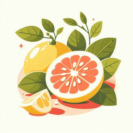 Grapefruit with leaves and slices. Vector illustration in flat style.のイラスト素材