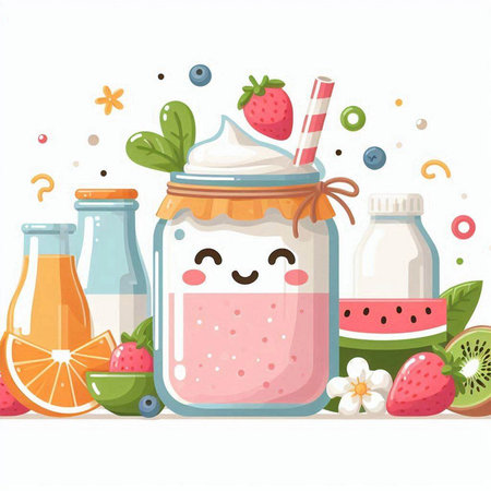 Smiling smoothie in a jar with fruits and berries. Vector illustration.のイラスト素材