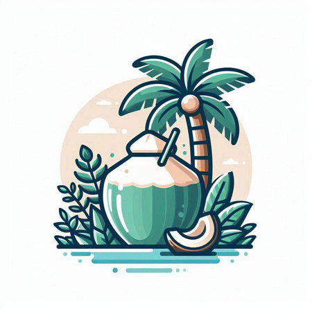 Coconut cocktail with coconut on the beach. Vector illustration.のイラスト素材