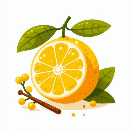 Orange fruit with leaves and cinnamon on a white background. Vector illustration.のイラスト素材