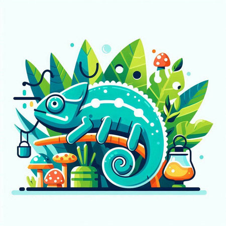 Vector illustration of cute cartoon chameleon on the background of plants.のイラスト素材