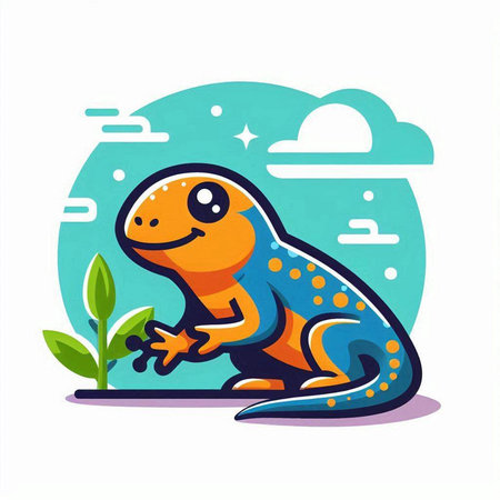 Vector cartoon illustration of cute little lizard on white background with clouds.のイラスト素材