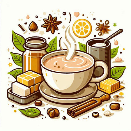 Cup of coffee with cinnamon, honey, star anise, lemon, sugar cubes, star anise. Vector illustrationのイラスト素材