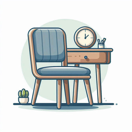 Office chair and desk with clock. Vector illustration in cartoon style.のイラスト素材