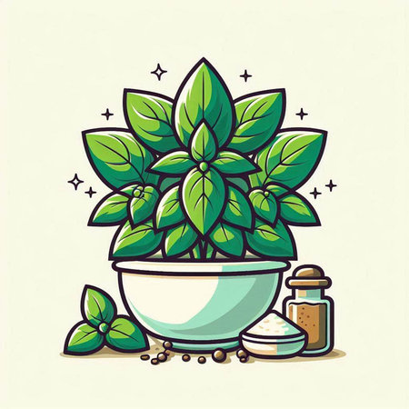 Illustration of a green plant in a pot with spices and herbsのイラスト素材