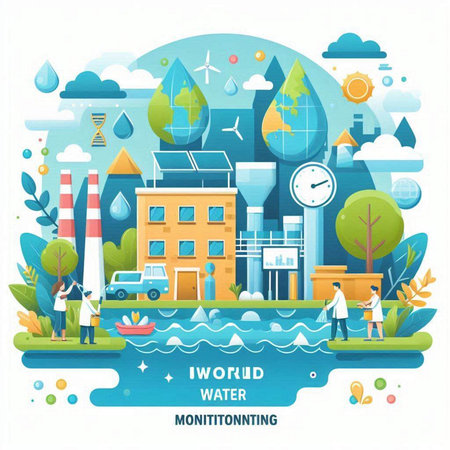 World water day concept in flat design. Vector illustration with people, trees, buildings, wind turbine, solar panels.のイラスト素材