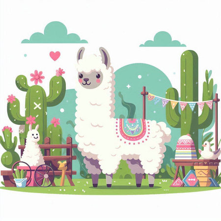 Llama and cactus in the garden. Vector illustration.のイラスト素材