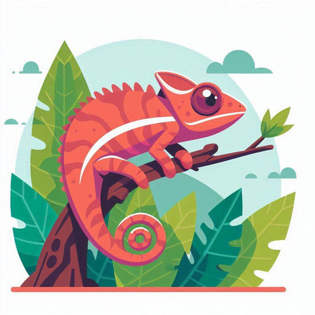 Cute chameleon on a branch. Vector illustration in cartoon style.のイラスト素材